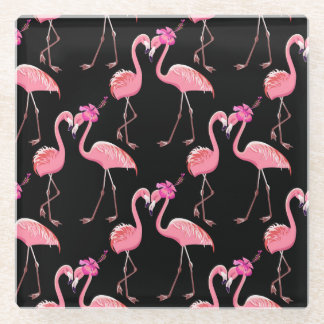 Roze Flamingo's: zwarte achtergrond  Glazen Onderzetter