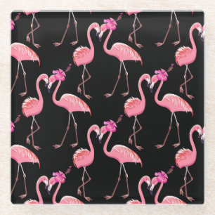 Roze Flamingo's: zwarte achtergrond Glazen Onderzetter
