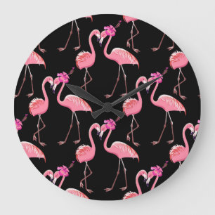 Roze Flamingo's: zwarte achtergrond  Grote Klok