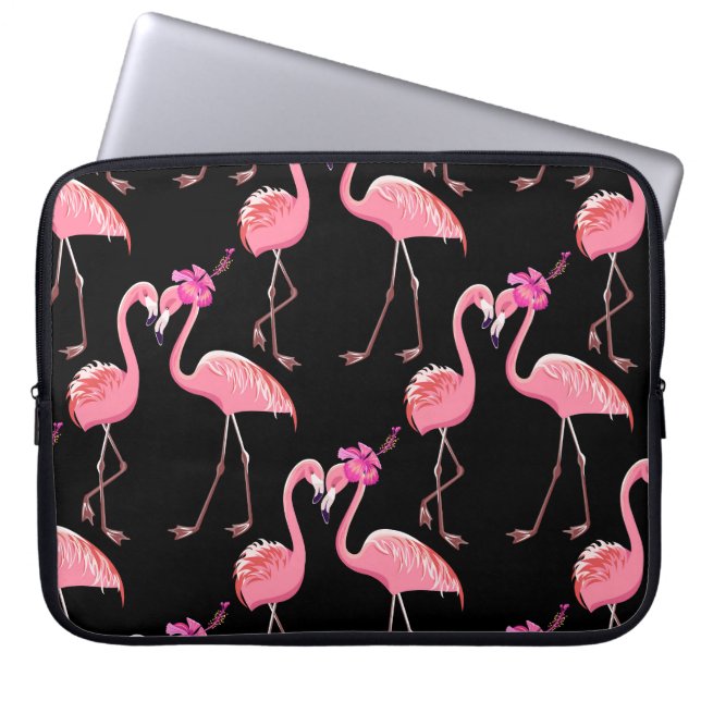 Roze Flamingo's: zwarte achtergrond  Laptop Sleeve (Voorkant)