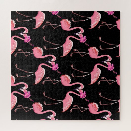 Roze Flamingo's: zwarte achtergrond Legpuzzel (Horizontaal)