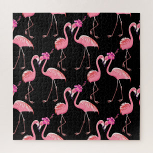 Roze Flamingo's: zwarte achtergrond Legpuzzel