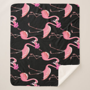 Roze Flamingo's: zwarte achtergrond  Sherpa Deken