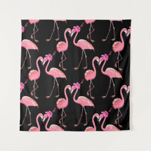 Roze Flamingo's: zwarte achtergrond  Wandkleed