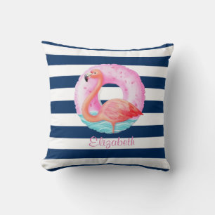 Roze flamingo's zwembad drijver marineblauw gestre kussen