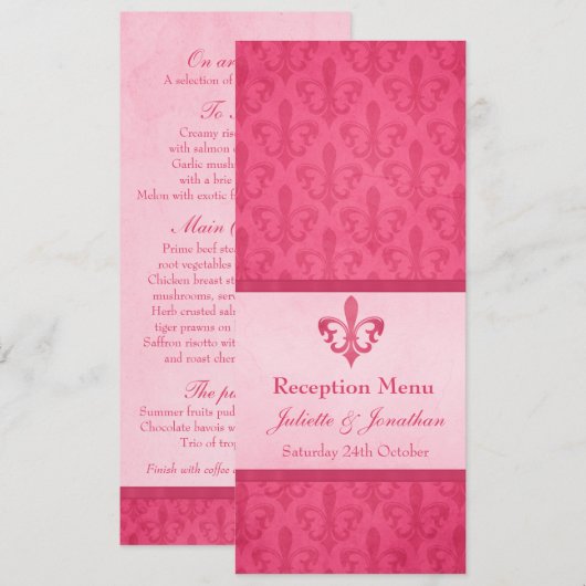 Roze Fleur De Lis bruiloft receptie diner menu Kaart (Voorkant / Achterkant)