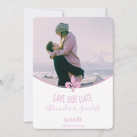 Roze Fleur de Lis Foto slaat de datum aankondiging (Voorkant)