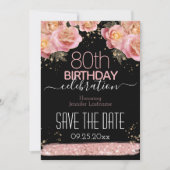 Roze flora 80e verjaardag Opslaan van datum I Kaart (Voorkant)