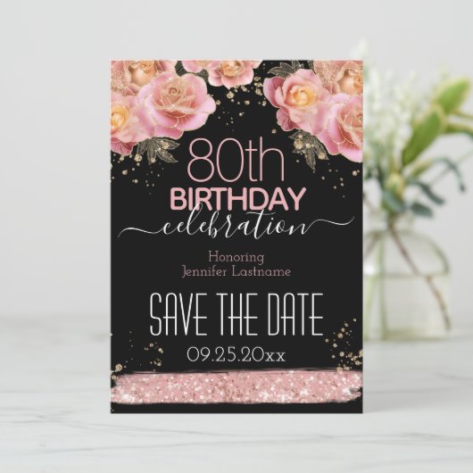 Roze flora 80e verjaardag Opslaan van datum I Kaart (Staand voorkant)