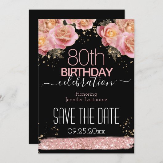 Roze flora 80e verjaardag Opslaan van datum I Kaart (Voorkant / Achterkant)