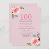  roze Floral 100e verjaardag uitnodiging (Voorkant / Achterkant)