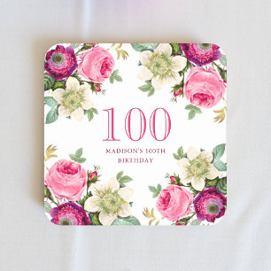 Roze Floral 100e verjaardag Vierkante Kartonnen Onderzetter