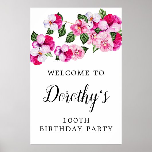Roze Floral 100th Birthday Party Welcome Poster (Voorkant)