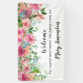 Roze Floral 100th Birthday Party Welcome Spandoek (Verticaal)