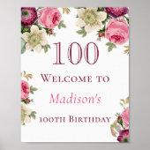 Roze Floral 100th Birthday Welcome Sign Poster (Voorkant)