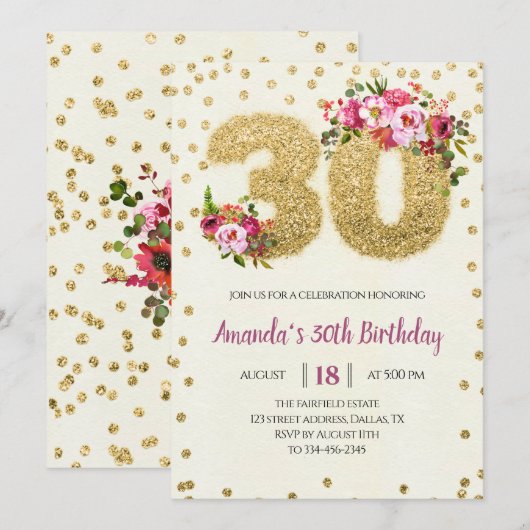 Roze Floral 30th Birthday Invitation Kaart (Voorkant / Achterkant)