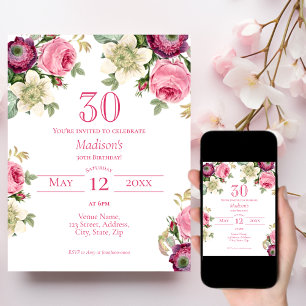 Roze Floral 30th Birthday Invitation Kaart