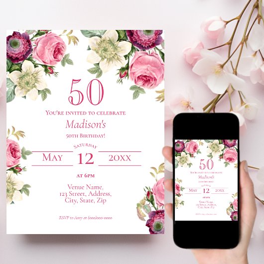 Roze Floral 50th Birthday Invitation Kaart