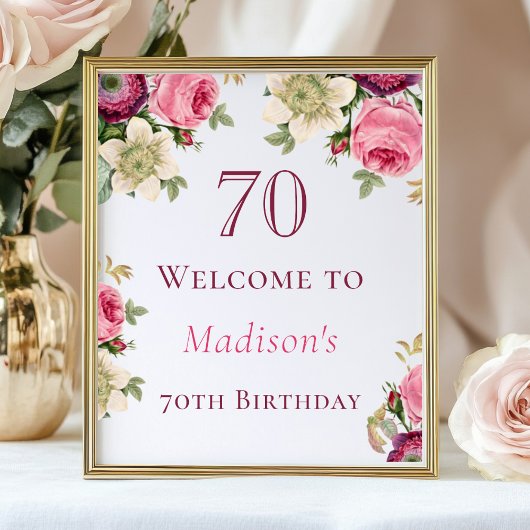 Roze Floral 70th Birthday Welcome Sign Poster