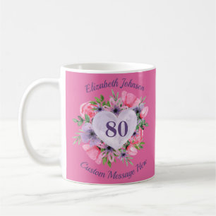 Roze Floral 80ste verjaardag Mok voor vrouwen