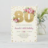 Roze Floral 80th Birthday Invitation Kaart (Staand voorkant)
