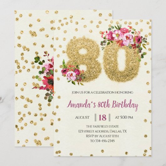 Roze Floral 80th Birthday Invitation Kaart (Voorkant / Achterkant)