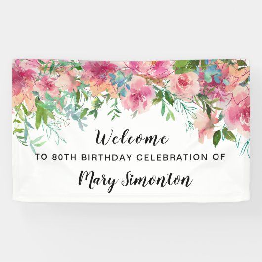 Roze Floral 80th Birthday Party Welcome Spandoek (Horizontaal)