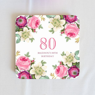 Roze Floral 80th Birthday Vierkante Kartonnen Onderzetter