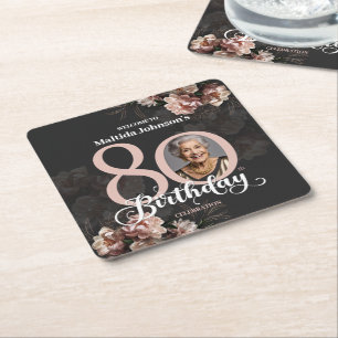 Roze Floral 80th Birthday Vierkante Kartonnen Onderzetter