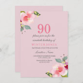 roze Floral 90e verjaardag uitnodiging (Voorkant / Achterkant)