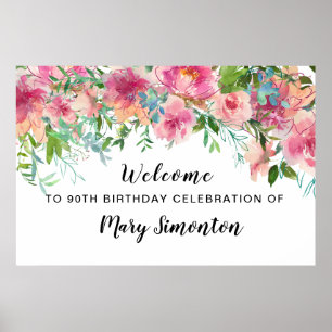 Roze Floral 90th Birthday Party Welcome Poster