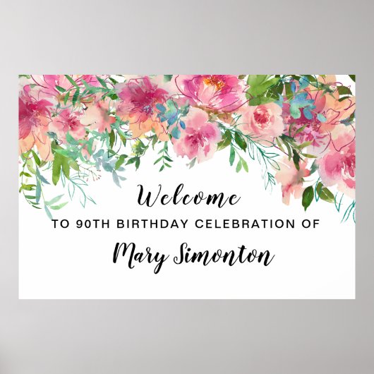 Roze Floral 90th Birthday Party Welcome Poster (Voorkant)