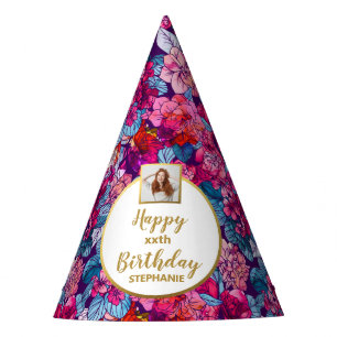 roze Floral Aangepaste Foto Happy Birthday Feesthoedjes
