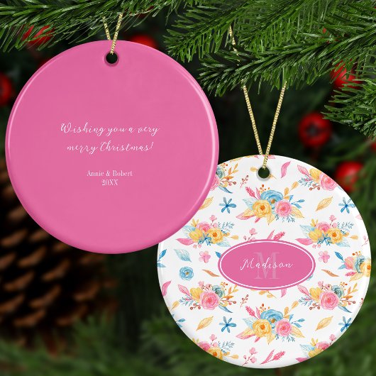 roze Floral - Aangepaste kerstboom Keramisch Ornament