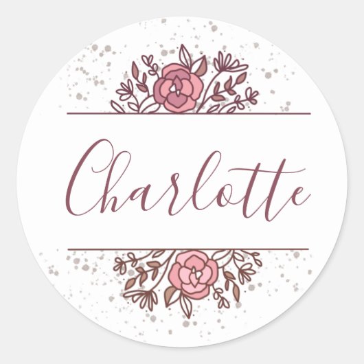  Roze Floral Aangepaste Naam Ronde Sticker (Voorkant)