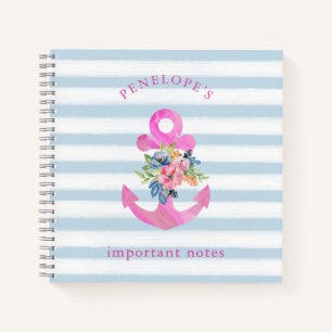 Roze Floral Anchor   Trendy Blue Stripes Notitieboek