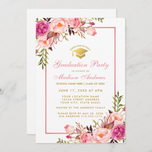 Roze Floral and Gold Graduation Party Invitation P Kaart (Voorkant / Achterkant)