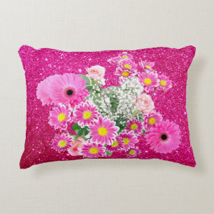 Roze Floral Arrangement Fuschia Faux Glitter Accent Kussen