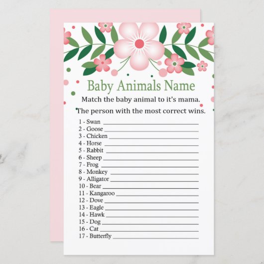 Roze Floral Baby Animals Name Game (Voorkant / Achterkant)