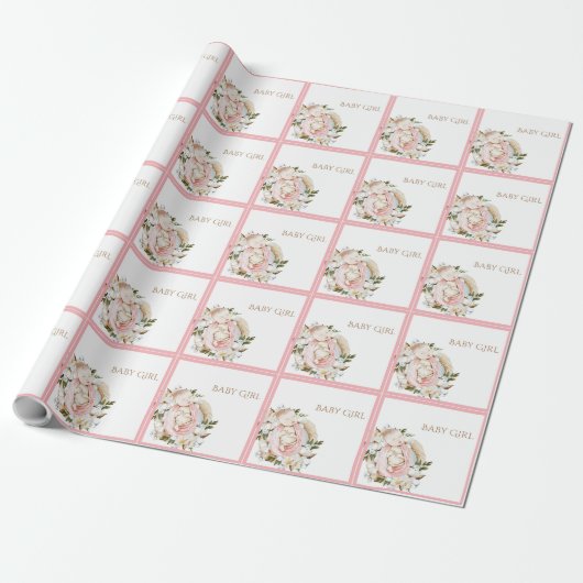  Roze Floral Baby Girl Cadeaupapier (Uitgerold)