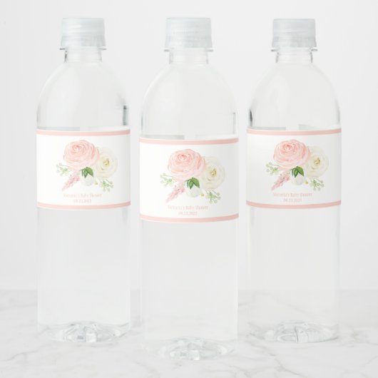 Roze Floral Baby Girl Waterverf Naam Baby shower Waterfles Etiket (Flessen)
