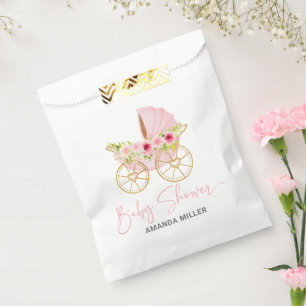 Roze floral Baby kinderwagen, Baby shower Typograf Bedankzakje