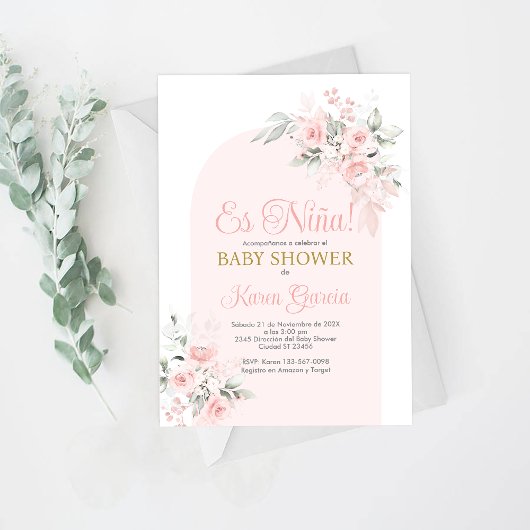Roze Floral Baby shower Meisje Spaanse uitnodiging