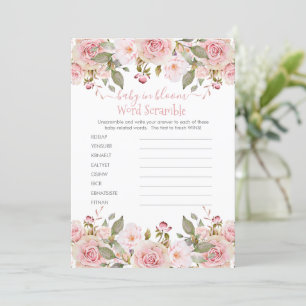 Roze Floral Baby shower Word Scramble Game Kaart