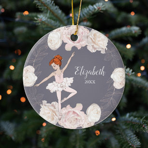 Roze Floral Ballerina Red Hair Girl gepersonalisee Keramisch Ornament