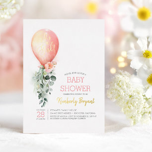 Roze Floral ballon Het is een meisje Baby shower Folie Uitnodiging