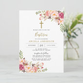 Roze Floral Baptism/Christening Uitnodiging (Staand voorkant)