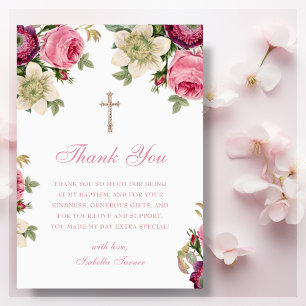 Roze Floral Baptisme - Hartelijk dank Bedankkaart