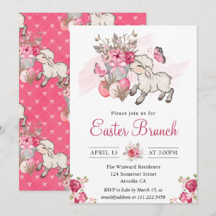 Roze Floral Basket en Cute Lamb Easter Brunch Kaart