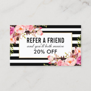 Roze Floral Black en White Striped Reference Visitekaartje